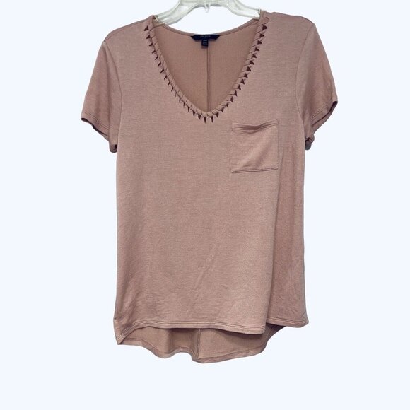 TRESICS Luxe Women's Hi-Lo Pullover Top Medium Rose Braided V-Neck Short Sleeves - Picture 12 of 13